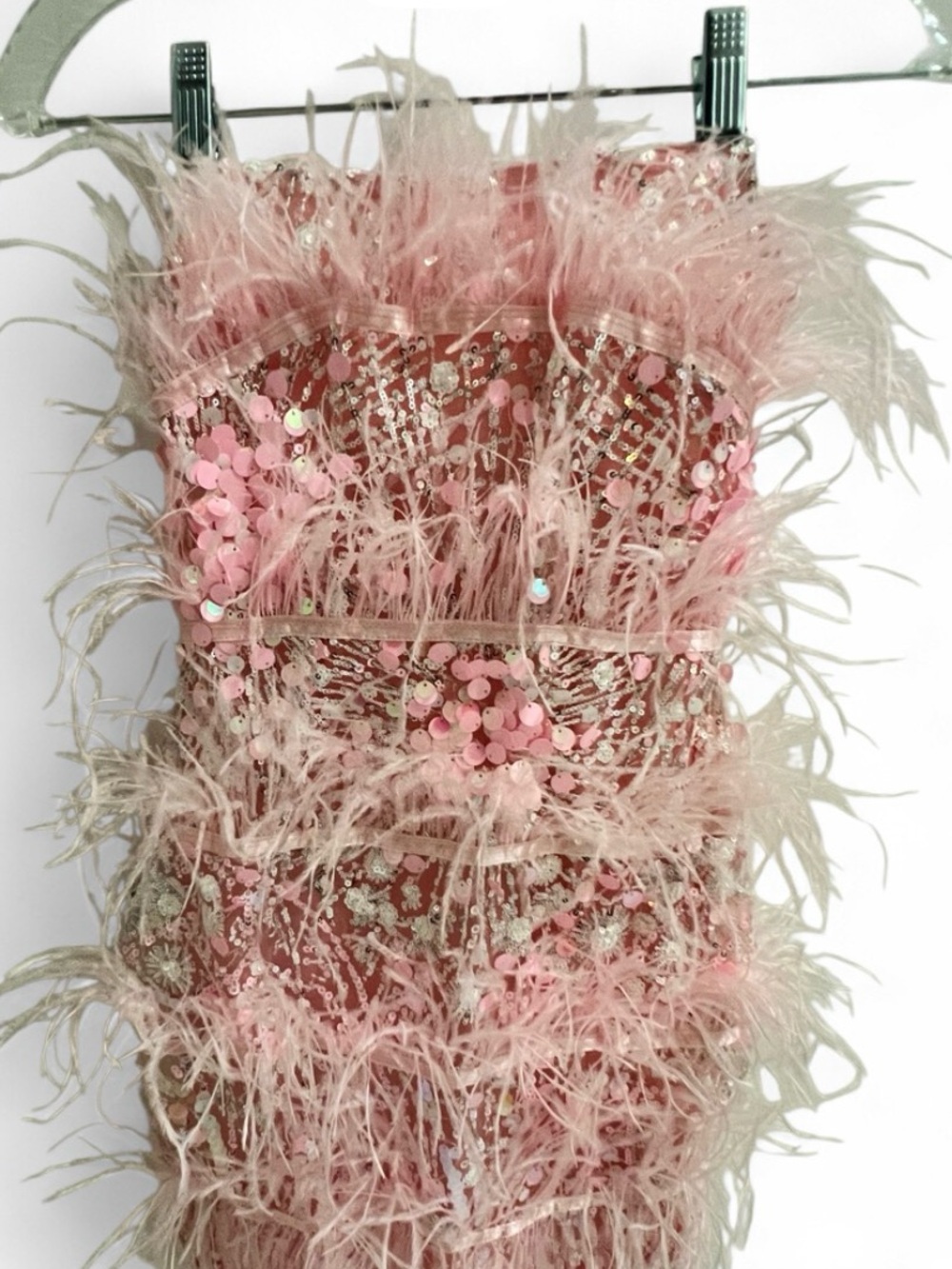 NWT Bella Barnett Senara Strapless Sequin Feather Mini Dress - Pink (Size S)
